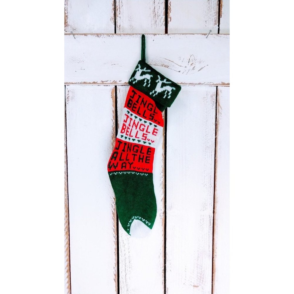 Vintage jungle bells woven knit Christmas stocking